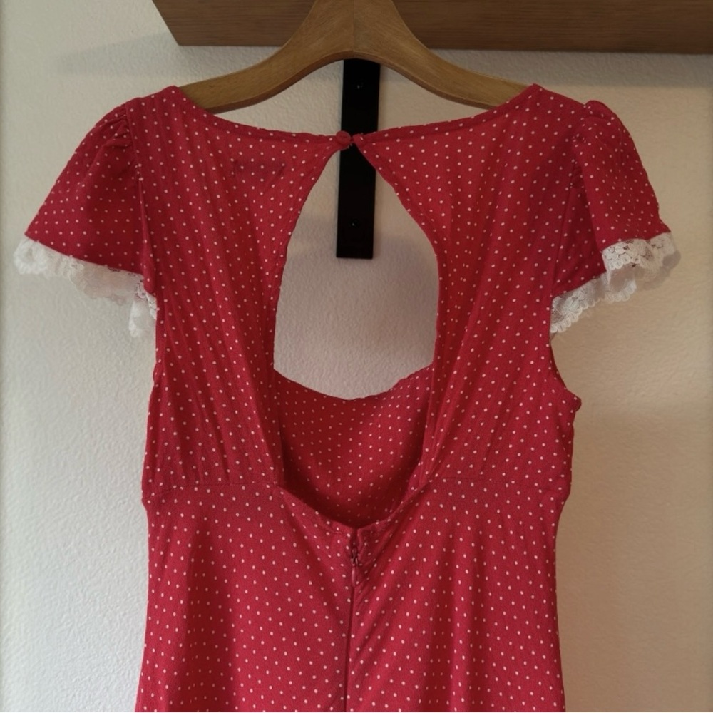 Flutter Cap Sleeve Maxi A-Line Dress | Rose Red, Dots, Lace Detail (S) - Picture 2 of 9